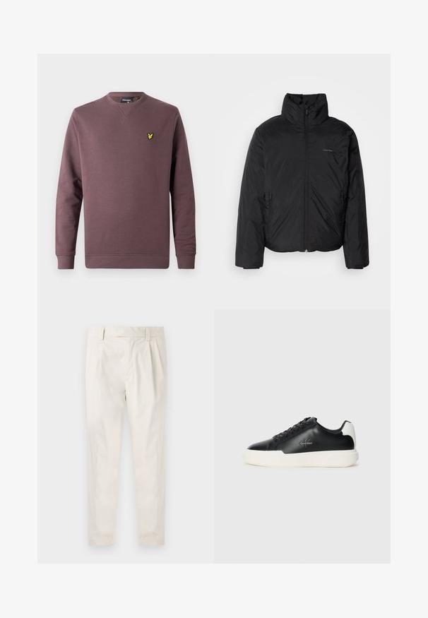 Must musträkk, millel on kõrge krae, lukuga ees ja küljetaskud. Sile, läikiv tekstuur ja minimaalne logo rinnal.; Bordo värvi puuvillane dressipluus, millel on ümarsuur kaelus, pikad varrukad ja vasakul rinnal kollane linnu logo. Lihtne disain, ühtlane värv.; Valged volditud püksid, mis on kohandatud sobivusega, sujuva tekstuuriga, vööloopidega ja kitsenevate jalgadega. Pole nähtavaid taskuid ega mustreid.; Mustad musta nahast jooksutossud valge kummist tallaga. Omavad ümmargust ninakujuga disaini, paeltega kinnitust ja logo detaili külgedel. Tagumine aktsent on valge.