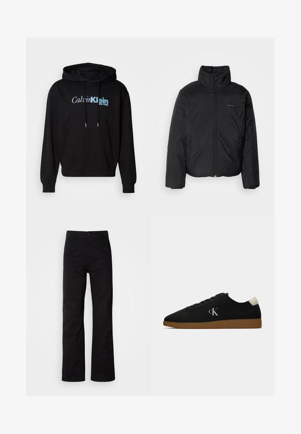 Svart pufferjakke med høy krage, glidelås foran og sidelommer. Glatt, blank tekstur med en minimal logo på brystet.; Svart hettegenser med frontlomme, snøring og trykt logo i hvitt og lyseblått. Myk tekstur.; Svarte bomullsbukser med rett ben-design, med knappelukking og beltehemper. Glatt tekstur og minimalistisk stil uten synlige mønstre.; Sorte kanvas sneakers med gummisåle, med en sølv "cK" logo på siden og en hvit detalj ved hælen. Lave sneakers.