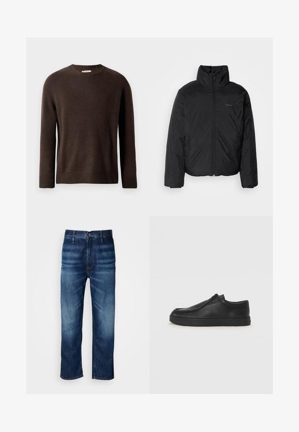 Schwarze Daunenjacke mit hohem Kragen, Reißverschluss auf der Vorderseite und Seitentaschen. Glatte, glänzende Textur mit einem minimalen Logo auf der Brust.; Brauner, langärmliger Rundhalspullover mit gerippten Bündchen und Saum, vor einem schlichten hellen Hintergrund präsentiert.; Dunkelblaue, gerade geschnittene Jeans aus Denim mit subtilen Ausbleichungen an den Oberschenkeln und einem Knopfverschluss am Bund, präsentiert vor einem weißen Hintergrund.; Schwarze Leder-Schlupfschuhe mit runder Zehenform, genähten Details und schwarzer Gummisohle. Glatte Textur mit minimalistischem Design.