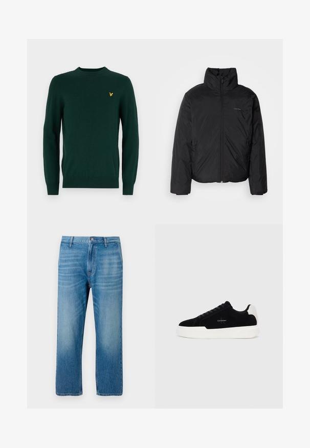 Fekete puffermellény magas gallérral, cipzáros elülső résszel és oldalsó zsebekkel. Simább, fényes textúra, minimális logóval a mellkason.; Zöld pulóver, puha anyagból készült, kerek nyakkivágással és hosszú ujjakkal. Figyelemre méltó kicsi arany sas logó a mellkason.; Világoskék farmernadrág, egyenes fazonnal, öt zsebes kialakítással, gombos záródással és finom kopással az elején. Nincsenek látható minták.; Fekete alacsony szárú sneaker fehér talppal és saroktabbal, fűzős elülső résszel és Calvin Klein logóval az oldalon.