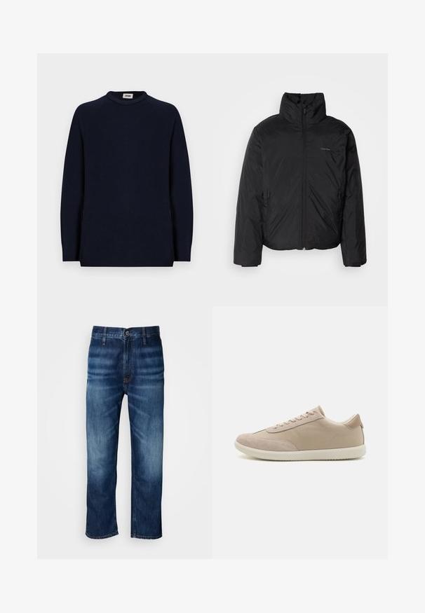 Črna puffer jakna z visokim ovratnikom, zadrgo spredaj in stranskimi žepi. Gladka, sijoča tekstura z minimalnim logotipom na prsih.; Mornarsko modra dolga majica s long sleeves in okroglim izrezom ter majhno belo etiketo znotraj ovratnika, na kateri piše "DRYKORN."; Temno modre kavbojke ravnega kroja z rahlim bledenjem na stegnih in gumbom za zapiranje na pasu, prikazane na beli podlagi.; Bež tenisice s kombinacijo usnja in platna, z vezalkami, okroglo konico, teksturirano podplato in diskretnim logotipom blagovne znamke na strani.