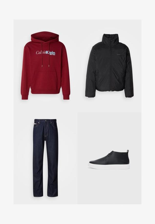 Black puffer jacket with a high collar, zipper front, and side pockets. Smooth, shiny texture with a minimal logo on the chest.; Burgundy hooded sweatshirt made of fleece fabric featuring a kangaroo pocket, ribbed cuffs, and “Calvin Klein NEW YORK” logo in white and blue.; Dark blue denim jeans with a straight-leg design, featuring a button fly, five pockets, and contrasting stitching details.; Black leather high-top sneakers with a smooth finish, white rubber sole, and simple lace-up design. Features a pull tab at the back.