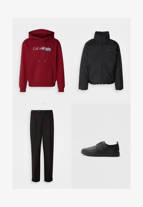 Doudoune noire avec un col haut, fermeture éclair à l'avant et poches latérales. Texture lisse et brillante avec un logo minimaliste sur la poitrine.; Sweatshirt à capuche bordeaux en tissu polaire, avec une poche kangourou, des poignets côtelés et le logo "Calvin Klein NEW YORK" en blanc et bleu.; Pantalon noir au toucher lisse, avec une coupe droite, deux poches avant et une fermeture à bouton unique à la taille.; Baskets en cuir noir avec une finition lisse, bout arrondi, coutures ton sur ton, devant à lacets et semelle plate en caoutchouc. Anse au talon.
