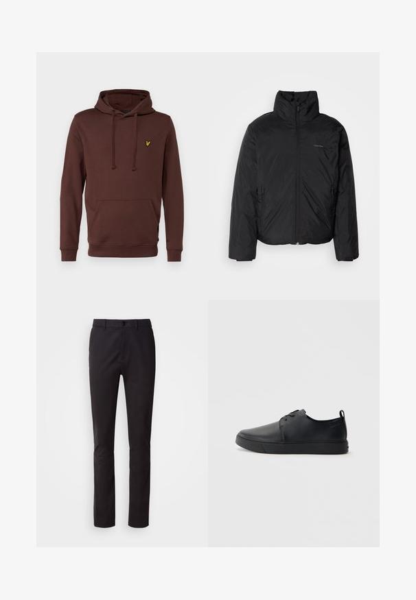 Doudoune noire avec un col haut, fermeture éclair à l'avant et poches latérales. Texture lisse et brillante avec un logo minimaliste sur la poitrine.; Lyle & Scott Sweatshirt - deep mahogany; Pantalon noir en tissu lisse, doté d'une fermeture à bouton, d'une taille standard et de jambes droites. Aucune motif ou embellissement visible.; Baskets en cuir noir avec une finition lisse, bout arrondi, coutures ton sur ton, devant à lacets et semelle plate en caoutchouc. Anse au talon.