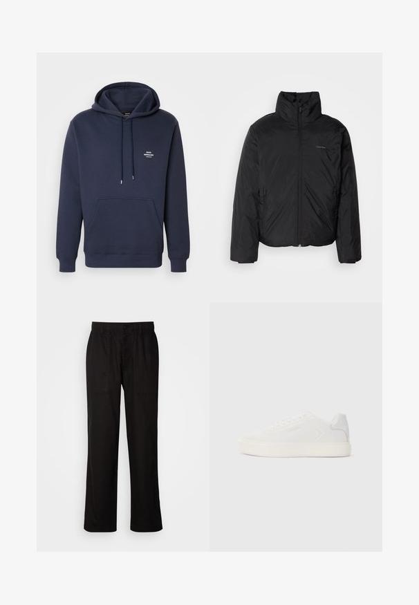 Černá péřová bunda s vysokým límcem, zipovým uzávěrem vpředu a bočními kapsami. Hladká, lesklá textura s minimálním logem na hrudi.; Námořnicky modrá mikina z měkké bavlny s klokankou, kapucí se šňůrkou a malým bílým textovým logem na hrudi.; Černé kalhoty s uvolněným střihem, vyrobené z lehké tkaniny. Mají elastický pas, knoflíkový uzávěr a dvě přední kapsy.; Bílé tenisky s hladkým syntetickým svrškem, kulatou špičkou a plochou bílou podrážkou. Obsahují tónové švy a minimální branding na boku.