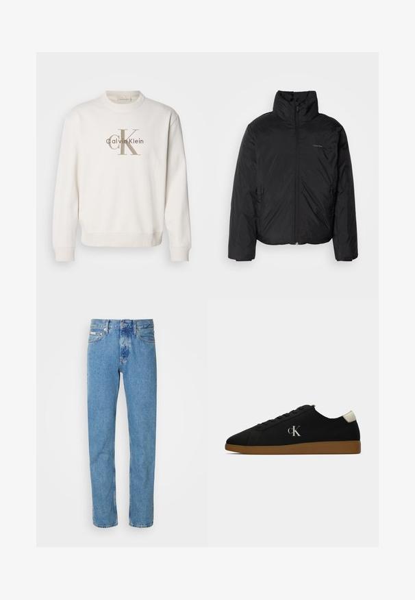 Svart pufferjakke med høy krage, glidelås foran og sidelommer. Glatt, blank tekstur med en minimal logo på brystet.; Hvit crewneck sweatshirt laget av mykt materiale, med en stor beige Calvin Klein-logo foran, og ribbestrikkede mansjetter og kant.; Lyseblå denim jeans med rett benklipp, med et klassisk fem-lommers design og en knappelukking i livet. Ingen merkbare mønstre.; Sorte kanvas sneakers med gummisåle, med en sølv "cK" logo på siden og en hvit detalj ved hælen. Lave sneakers.