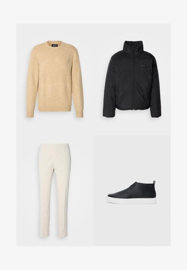 Black puffer jacket with a high collar, zipper front, and side pockets. Smooth, shiny texture with a minimal logo on the chest.; Beige pullover sweater made from soft material, featuring a round neckline, long sleeves, and ribbed cuffs and hem.; Cream-colored tailored pants with a textured fabric. Features a straight leg design, belt loops, and two front pockets. No patterns.; Black leather high-top sneakers with a smooth finish, white rubber sole, and simple lace-up design. Features a pull tab at the back.