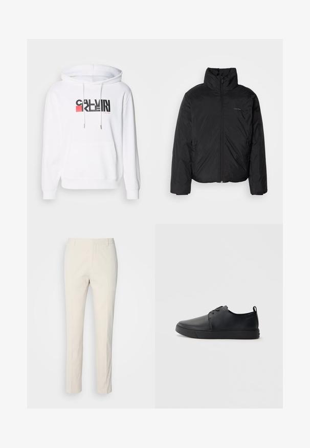 Crna puf jakna s visokim ovratnikom, patentnim zatvaračem sprijeda i bočnim džepovima. Glatka, sjajna tekstura s minimalnim logotipom na prsima.; Bijela dukserica s kapuljačom i prednjim džepom, s crnim i crvenim logotipom "CALVIN KLEIN". Špicevi sa srebrnim metalnim vrhom, mekana tekstura.; Pantalone boje kreme s teksturiranim materijalom. Ima ravne nogavice, petlje za pojas i dvije prednje džepove. Bez uzoraka.; Crne kožne tenisice s glatkom površinom, zaobljenim vrhom, tonom prošivanja, vezanjem sprijeda i ravnim gumenim potplatom. Oko pete se nalazi učka.