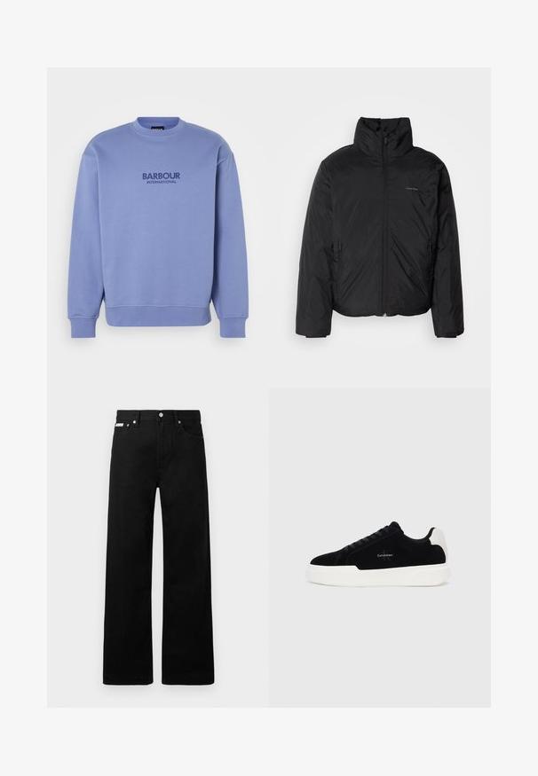 Fekete puffermellény magas gallérral, cipzáros elülső résszel és oldalsó zsebekkel. Simább, fényes textúra, minimális logóval a mellkason.; Világoskék pulcsi bordás mandzsettával és alsó szegéllyel. Kerek nyakú, és az elején tengerészkék Barbour International logó található.; Fekete farmernadrág széles szabással, öt zsebbel és fém gombos díszítéssel. Sima felület, látható minták nélkül.; Fekete alacsony szárú sneaker fehér talppal és saroktabbal, fűzős elülső résszel és Calvin Klein logóval az oldalon.