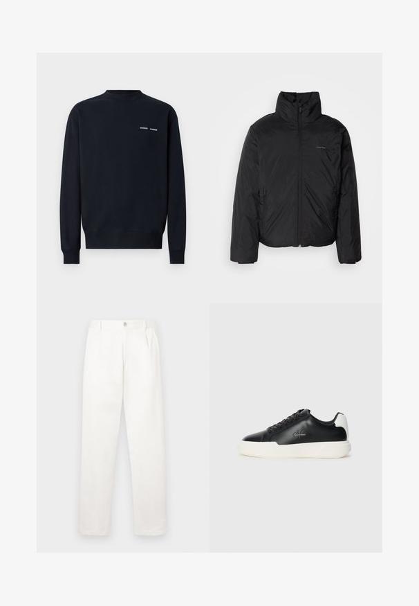 Black puffer jacket with a high collar, zipper front, and side pockets. Smooth, shiny texture with a minimal logo on the chest.; Dark navy sweatshirt made of cotton. Features a crew neckline, long sleeves, and two small white brand logos on the upper left chest.; White trousers made from smooth fabric, featuring a straight leg design, front pleats, and a single button closure at the waist.; Black leather sneakers with white rubber sole. Features round toe, lace-up design, and logo detail on the side. Rear accent in white.