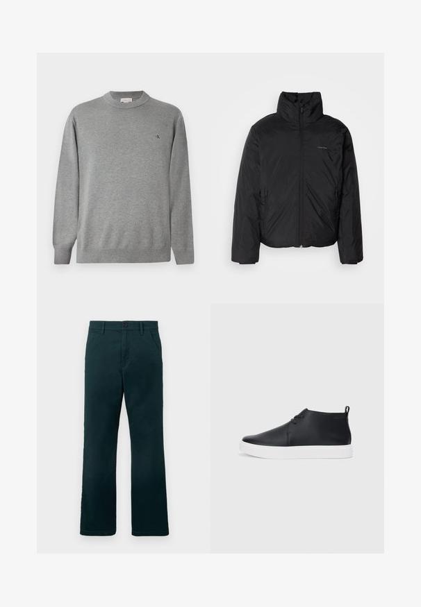 Fekete puffermellény magas gallérral, cipzáros elülső résszel és oldalsó zsebekkel. Simább, fényes textúra, minimális logóval a mellkason.; Világosszürke, környakú pulóver kötött anyagból. Rugalmas mandzsettákkal és aljjal rendelkezik, a bal mellen pedig egy kis fekete logó található.; Sötétzöld, egyenes szabású nadrág övhurkokkal, oldalsó zsebekkel és gombos záródással, sima fehér háttér előtt.; Fekete bőr magas szárú sneakers, sima felülettel, fehér gumi talppal és egyszerű, fűzős dizájnnal. Hátul húzófül található.