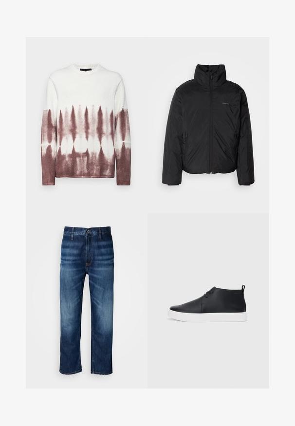 Svart pufferjakke med høy krage, glidelås foran og sidelommer. Glatt, blank tekstur med en minimal logo på brystet.; Fleece genser med rund hals som har et tie-dye mønster med hvitt øverst som overgår til en burgunderfarge nederst. Kjempevellaget tekstur.; Mørkeblå straight-leg denimjeans med subtil falming på lårene og en knappelukking i midjen, vist på en hvit bakgrunn.; Svart skinnhøye sneakers med glatt finish, hvit gummisole og enkelt snøringdesign. Har en løftestropp bak.