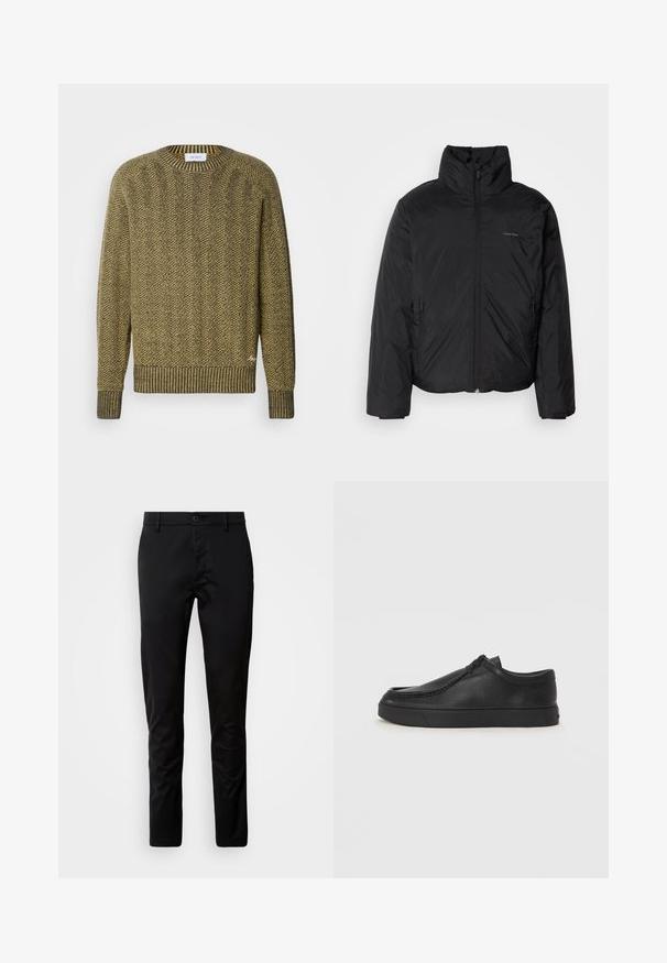 Črna puffer jakna z visokim ovratnikom, zadrgo spredaj in stranskimi žepi. Gladka, sijoča tekstura z minimalnim logotipom na prsih.; Zeleno-rumena sv sweaters z vzorcem ribje kosti, z rebrastim ovratnikom in manšetami ter z teksturiranim tkanim vzorcem po celotni površini.; Črne hlače slim fit kroja, narejene iz gladkega blaga. Imajo pas z gumbom in ravne hlačnice.; Črne usnjene natikače s zaobljenim prstom, šivanim detajlima in črnim gumijastim podplatom. Gladka tekstura z minimalističnim dizajnom.