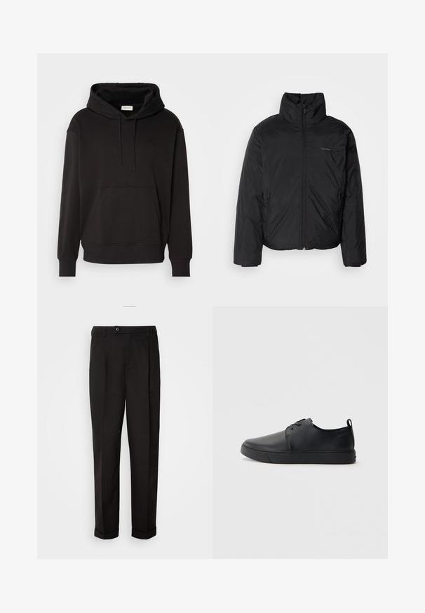 Černá péřová bunda s vysokým límcem, zipovým uzávěrem vpředu a bočními kapsami. Hladká, lesklá textura s minimálním logem na hrudi.; Černá mikina s kapucí vyrobená z jemné směsi bavlny, s klokaní kapsou, nastavitelnými šňůrkami a žebrovanými manžetami a lemem. Vyšitý logo vpředu.; Černé kalhoty s hladkou texturou, rázovaného střihu, dvěma předními kapsami a jedním knoflíkovým zapínáním v pase.; Černé kožené tenisky s hladkým povrchem, zaoblenou špičkou, tónovým prošíváním, šněrovacím uzávěrem a plochou gumovou podrážkou. Očko na patě.