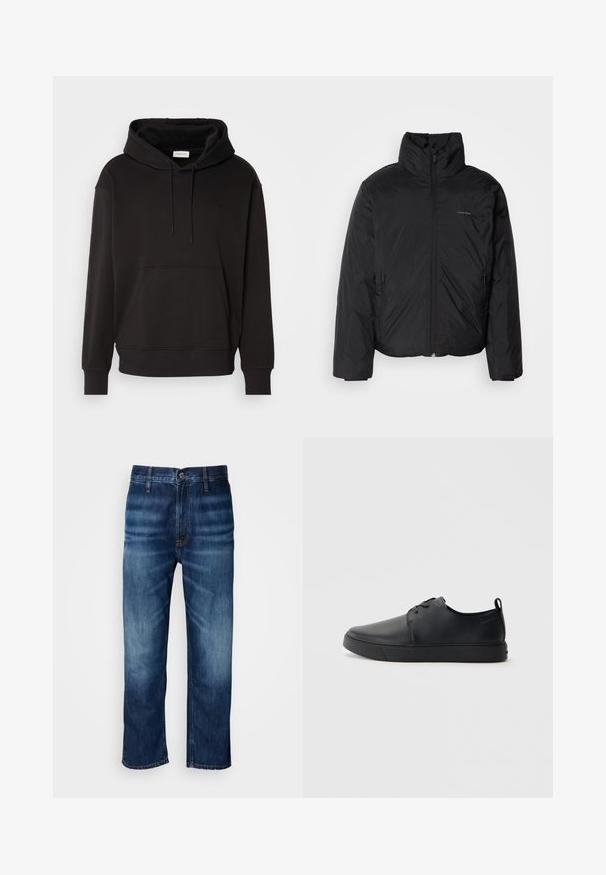 Doudoune noire avec un col haut, fermeture éclair à l'avant et poches latérales. Texture lisse et brillante avec un logo minimaliste sur la poitrine.; Haut à capuche noir en mélange de coton doux, avec une poche kangourou, des cordons de serrage ajustables et des poignets et un ourlet côtelés. Logo brodé à l'avant.; Jean en denim droit bleu foncé avec un léger décoloration au niveau des cuisses et une fermeture à bouton à la taille, présenté sur fond blanc.; Baskets en cuir noir avec une finition lisse, bout arrondi, coutures ton sur ton, devant à lacets et semelle plate en caoutchouc. Anse au talon.