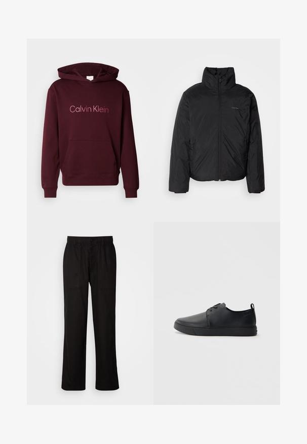 Schwarze Daunenjacke mit hohem Kragen, Reißverschluss auf der Vorderseite und Seitentaschen. Glatte, glänzende Textur mit einem minimalen Logo auf der Brust.; Burgunderfarbener Kapuzenpullover mit einer Fronttasche, mit dem "Calvin Klein"-Logo in hellerer Schrift. Hergestellt aus einem weichen Baumwollmischgewebe.; Schwarze Hose mit entspannter Passform, aus leichtem Stoff gefertigt. Verfügt über einen elastischen Bund, einen Knopfverschluss und zwei Fronttaschen.; Schwarze Leder-Sneaker mit glatter Oberfläche, abgerundeter Zehenpartie, gleichfarbiger Nähte, schnürbarem Vorderteil und flacher Gummisohle. Schlaufe an der Ferse.