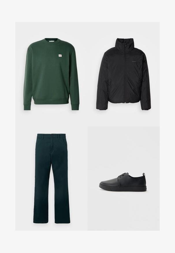 Črna puffer jakna z visokim ovratnikom, zadrgo spredaj in stranskimi žepi. Gladka, sijoča tekstura z minimalnim logotipom na prsih.; Zeleno pulover iz mešanice bombaža, s krožnim izrezom in rebrastimi manšetami. Majhna oznaka zlogom na prsih. Gladka tekstura.; Temnozeleni hlače ravnega kroja z zankami za pas, stranskimi žepi in gumbom za zapiranje na enobarvni beli podlagi.; Črne usnjene športne čevlje z gladko površino, okroglo oblikovano nosilo, toniranim šivanjem, vezanjem spredaj in ravnim gumijastim podplatom. Zanko na peti.