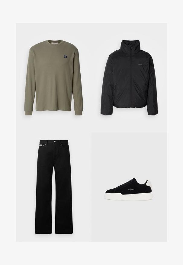 Črna puffer jakna z visokim ovratnikom, zadrgo spredaj in stranskimi žepi. Gladka, sijoča tekstura z minimalnim logotipom na prsih.; Dolga majica olivne zelene barve z rebrastim vzorcem, okroglim izrezom in temnomodrim logo pečatom na levi strani prsnega koša. Tkanina se zdi mehka in teksturirana.; Črne jeans hlače širokega kroja, z petimi žepi in kovinskimi gumbi. Gladka tekstura, brez vidnih vzorcev.; Črne nizke superge z belim podplatom in petnim trakom, vezalne spredaj, z logotipom Calvin Klein na strani.