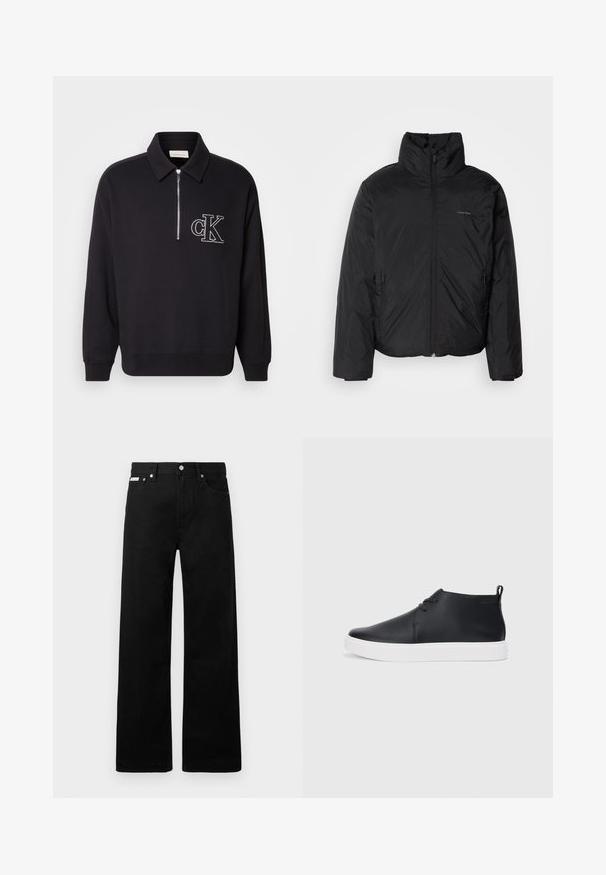 Černá péřová bunda s vysokým límcem, zipovým uzávěrem vpředu a bočními kapsami. Hladká, lesklá textura s minimálním logem na hrudi.; Černý svetr s polo zipem, který má žebrovanou texturu a vyšívané logo "cK" na levé části hrudi.; Černé denimové kalhoty s širokým střihem, s pěti kapsami a kovovými knoflíky. Hladký povrch, bez viditelných vzorů.; Černé kožené vysoké tenisky s hladkým povrchem, bílou gumovou podrážkou a jednoduchým šněrováním. Obsahují poutko na zadní straně.