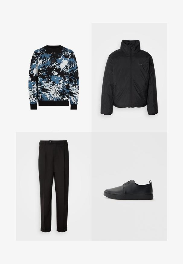 Crna puf jakna s visokim ovratnikom, patentnim zatvaračem sprijeda i bočnim džepovima. Glatka, sjajna tekstura s minimalnim logotipom na prsima.; Pletena majica sa crno-plavim-belim kamuflažnim uzorkom, rebrastim izrezom i manžetama, i malim logotipom na grudima.; Crne hlače glatke teksture, ravnog kroja, s dva prednja džepa i zatvaranjem na jedan gumb u struku.; Crne kožne tenisice s glatkom površinom, zaobljenim vrhom, tonom prošivanja, vezanjem sprijeda i ravnim gumenim potplatom. Oko pete se nalazi učka.