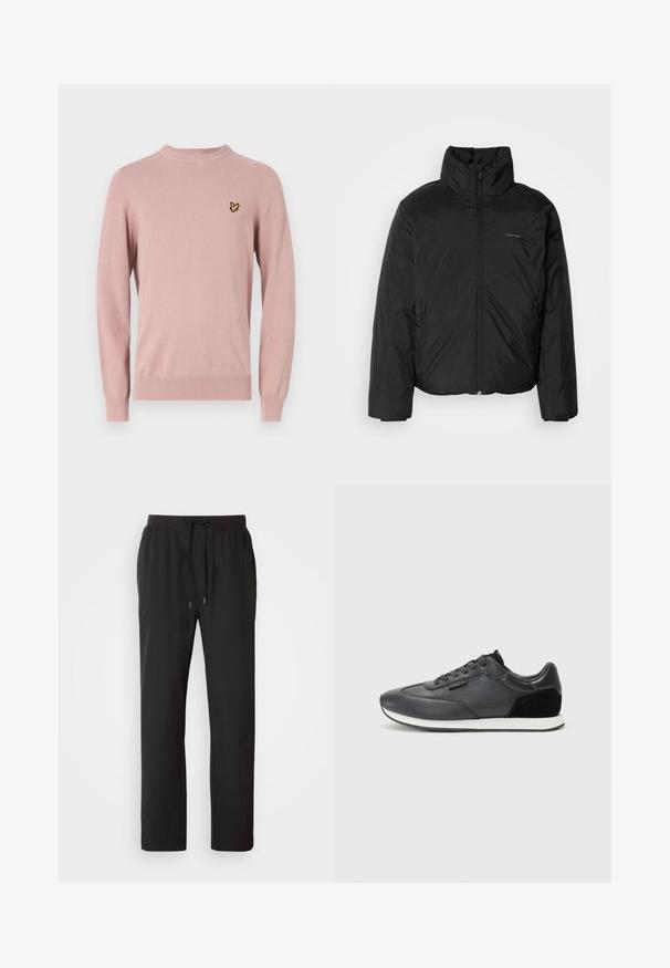 Casaco puffer preto com colarinho alto, fecho de correr na frente e bolsos laterais. Textura suave e brilhante com um logótipo minimalista no peito.; Sweater rosa claro feito de um tecido de malha suave, com decote redondo, mangas longas e um pequeno logotipo amarelo no lado esquerdo do peito.; Calças de jogging pretas feitas de um tecido leve, com um cós elástico e cordões ajustáveis, além de bolsos laterais. Textura suave.; Sapatilhas atléticas negras com parte superior em couro com detalhes perfurados, acabamentos em camurça e sola de borracha branca. Design clássico com atacadores.