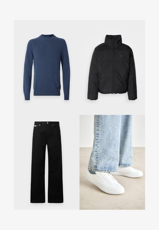Melnā pūkainā jaka ar augstu apkakli, ar rāvējslēdzēju priekšpusē un sānu kabatām. Gluda, spīdīga tekstūra ar minimālu logotipu uz krūtīm.; Tumši zila džemperis ar apaļo kakla izgriezumu, garām piedurknēm, ribotām aprocēm un apakšmalu. Izgatavots no teksturētas auduma, apakšā ir neliels melns logo tagiņš.; Melni džinsi ar platajiem bikšu dizainu, ar piecām kabatām un metāla pogām. Gluda tekstūra, bez redzamām rakstu detaļām.; Baltas kedas ar gludu materiālu, auklām, teksturētu gumijas zoli un tirkīza akcentu uz papēža, apvienoti ar gaiši ziliem džinsiem.