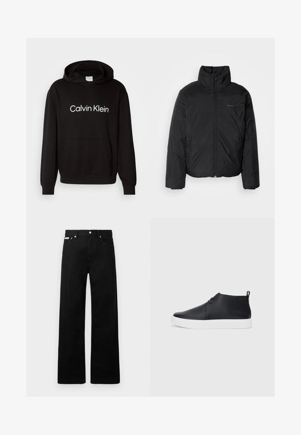 Crna puf jakna s visokim ovratnikom, patentnim zatvaračem sprijeda i bočnim džepovima. Glatka, sjajna tekstura s minimalnim logotipom na prsima.; Crna pamučna dukserica s prednjim džepom, koja ima bijeli "Calvin Klein" logo preko prsa te rebraste manšete i donji rub.; Crne traperice širokog kroja, s pet džepova i metalnim dugmadi. Glatka tekstura, bez vidljivih uzoraka.; Crne kožne visoke tenisice s glatkom završnom obradom, bijelim gumene potplate i jednostavnim dizajnom vezanja. Imaju povlačenje na stražnjem dijelu.