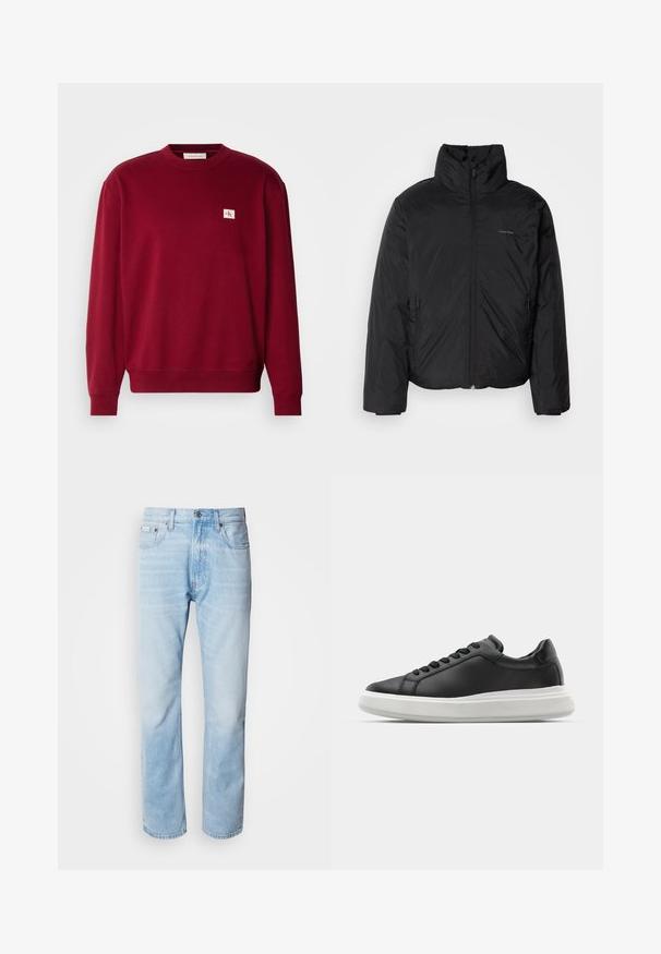 Fekete puffermellény magas gallérral, cipzáros elülső résszel és oldalsó zsebekkel. Simább, fényes textúra, minimális logóval a mellkason.; Piros pulóver puha anyagból, kerek nyakkivágással, hosszú ujjal, és egy kis hímzett logóval a bal felső mellrészen.; Világoskék farmernadrág egyenes fazonnal, kopott részletekkel, öt zsebes kialakítással és klasszikus gombos zipzárral.; Fekete bőr sportcipő sima felülettel, fehér gumitalppal, lekerekített formával, hat fűzőlyukkal, és diszkrét logóval a sarkán.