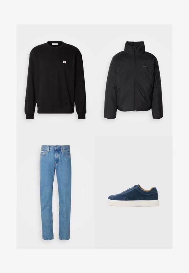 Svart pufferjakke med høy krage, glidelås foran og sidelommer. Glatt, blank tekstur med en minimal logo på brystet.; Svart bomull Crewneck sweatshirt med lange ermer, med et lite, rektangulært logomerke på brystet og ribbede mansjetter.; Lyseblå denim jeans med rett benklipp, med et klassisk fem-lommers design og en knappelukking i livet. Ingen merkbare mønstre.; Blå semsket sneakers med hvit gummisåle, snøring, rund tå og kontrasterende tan innside. Subtile sømdetaljer.