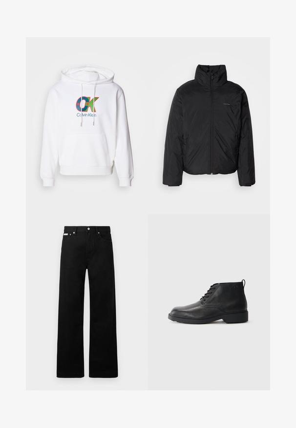 Schwarze Daunenjacke mit hohem Kragen, Reißverschluss auf der Vorderseite und Seitentaschen. Glatte, glänzende Textur mit einem minimalen Logo auf der Brust.; Weißer Hoodie mit einer vorderen Kängurutasche, einer Kapuze mit Kordelzug und einem bunten "OK"-Logo mit "Calvin Klein"-Text in Blau.; Schwarze Denim-Hose im weiten Bein-Design mit fünf Taschen und metallenen Knopfdetails. Glatte Textur, ohne sichtbare Muster.; Schwarze Lederstiefel mit strukturierter Oberfläche, runder Zehenpartie, Schnürung vorne und einer robusten Gummisohle. Verfügt über eine kleine Zuglasche an der Rückseite.