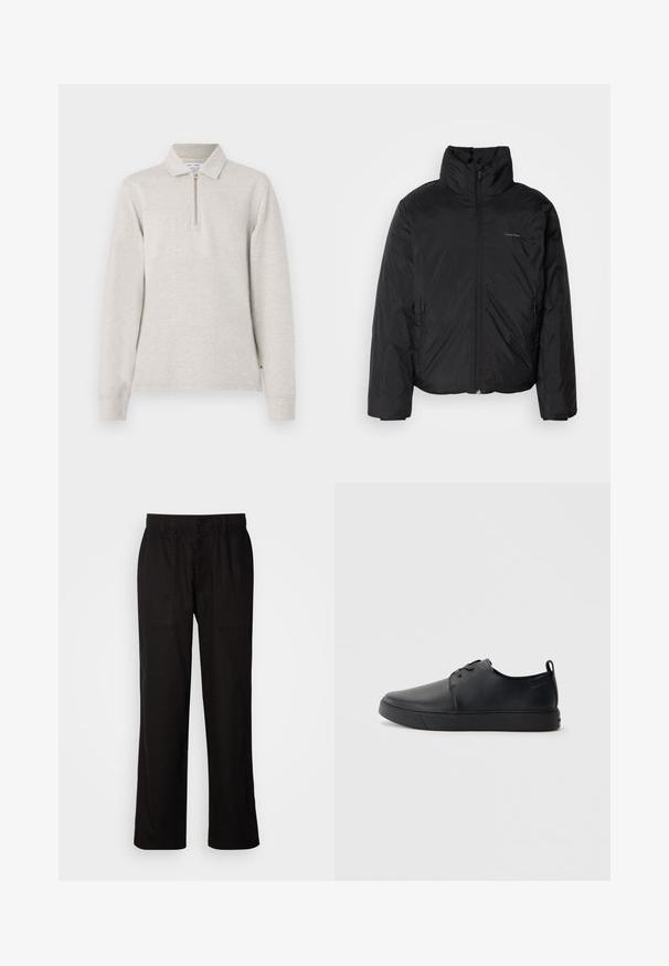 Black puffer jacket with a high collar, zipper front, and side pockets. Smooth, shiny texture with a minimal logo on the chest.; Light gray long-sleeve polo shirt with a half-zip neck, collared design, and cuffed sleeves made from a soft textured fabric.; Black pants with a relaxed fit, made from lightweight fabric. Features an elastic waistband, button closure, and two front pockets.; Black leather sneaker with a smooth finish, rounded toe, tonal stitching, lace-up front, and a flat rubber sole. Loop at the heel.