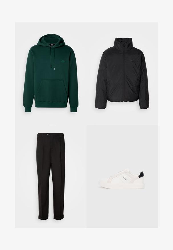 Černá péřová bunda s vysokým límcem, zipovým uzávěrem vpředu a bočními kapsami. Hladká, lesklá textura s minimálním logem na hrudi.; Tmavě zelená mikina s kapucí vyrobena z měkké tkaniny, s přední kapsou, nastavitelnou kapucí na šňůrku a minimálním logem na hrudi.; Černé kalhoty s hladkou texturou, rázovaného střihu, dvěma předními kapsami a jedním knoflíkovým zapínáním v pase.; Bílé tenisky s jemně růžovými a černými akcenty, s hladkou koženou a semišovou částí, kulatou špičkou a plochou gumovou podrážkou.
