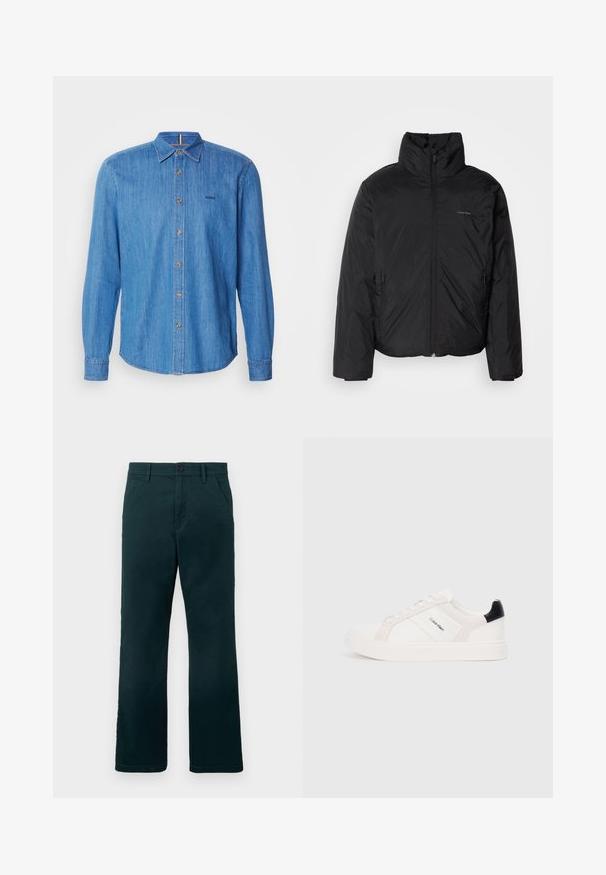 Casaco puffer preto com colarinho alto, fecho de correr na frente e bolsos laterais. Textura suave e brilhante com um logótipo minimalista no peito.; Camisa de denim azul claro com mangas longas, frente com botões e colarinho pontudo. Apresenta botões em tom dourado e um logo da marca discreto.; Calças retas de cor verde-escuro com passantes para cinto, bolsos laterais e fecho de botão sobre um fundo branco liso.; Sapatilhas brancas com detalhes em rosa claro e preto, apresentando painéis de couro liso e camurça, biqueira redonda e sola de borracha plana.