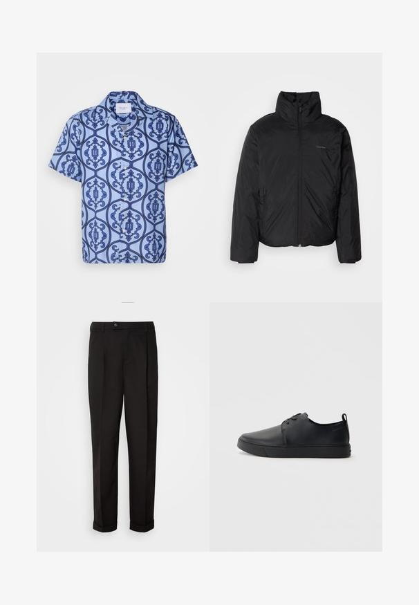 Čierna bundy s kapucňou, s vysokým golierom, so zipsom vpredu a bočnými vreckami. Hladká, lesklá textúra s minimálnym logom na hrudi.; Les Deux ORNAMENT SHIRT - Košeľa - summer sky/surf blue; Čierne nohavice s hladkým povrchom, rovného strihu, s dvoma prednými vreckami a jedným gombíkom na uzatvorenie v páse.; Čierne kožené tenisky s hladkým povrchom, zaoblenou špičkou, tonálnym šitím, šnurovaním vpredu a plochou gumovou podrážkou. Obojok na päte.