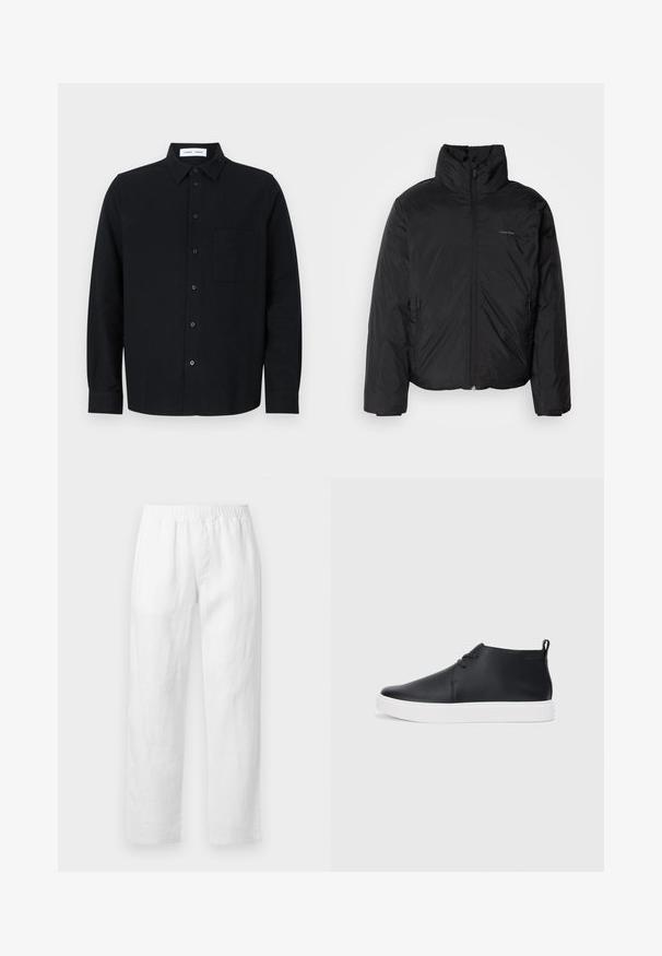 Crna puf jakna s visokim ovratnikom, patentnim zatvaračem sprijeda i bočnim džepovima. Glatka, sjajna tekstura s minimalnim logotipom na prsima.; Crna košulja s dugim rukavima i ovratnikom, s jednim džepom na prsima i ravnim rubom. Izrađena od teksturirane tkanine.; Bijele lanene hlače s elastičnim pojasom, ravnim krojem i mekanom teksturom bez vidljivih uzoraka ili metalnih detalja.; Crne kožne visoke tenisice s glatkom završnom obradom, bijelim gumene potplate i jednostavnim dizajnom vezanja. Imaju povlačenje na stražnjem dijelu.