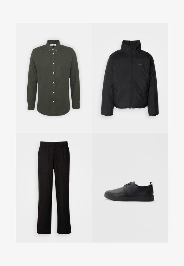 Chaqueta acolchada negra con cuello alto, cierre frontal y bolsillos laterales. Textura lisa y brillante con un logo minimalista en el pecho.; Camisa de botones de color verde oscuro con cuello, mangas largas y botones blancos. Tejido suave y texturizado con un dobladillo ligeramente curvado.; Pantalones negros con un ajuste relajado, hechos de una tela ligera. Presentan una cintura elástica, cierre de botón y dos bolsillos frontales.; Zapatilla negra de cuero con acabado suave, punta redondeada, costuras a tono, cordones en la parte delantera y suela de goma plana. Asa en el talón.