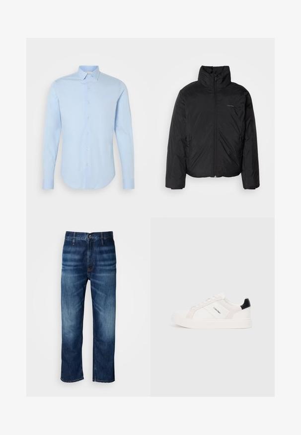 Μαύρο μπουφάν puffer με ψηλό γιακά, φερμουάρ μπροστά και πλευρικές τσέπες. Λείο, γυαλιστερό υλικό με μίνιμαλ λογότυπο στο στήθος.; Γαλάζια μακρυμάνικη πουκάμισο με κουμπιά και κλασικό γιακά, στρογγυλή μέση και μαργαριταρένια κουμπιά. Λείος βαμβακερός ύφασμα, κομψή εφαρμογή.; Σκούρες μπλε τζιν παντελόνες με ίσια γραμμή και διακριτική φθορά στα μηριά, με κουμπί στο λάστιχο της μέσης, εκτεθειμένες σε λευκό φόντο.; Λευκά αθλητικά παπούτσια με ανοιχτό ροζ και μαύρες λεπτομέρειες, κατασκευασμένα από λείο δέρμα και πάνελ σουέτ, με στρογγυλή μύτη και επίπεδη καουτσούκ σόλα.