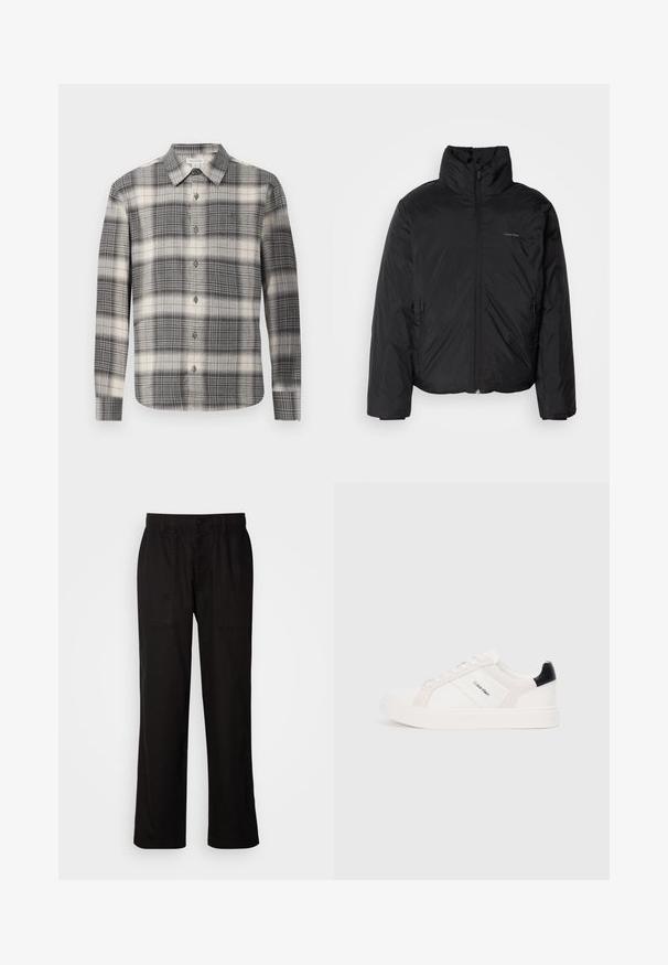 Jachetă pufă neagră cu guler înalt, fermoar frontale și buzunare laterale. Textură netedă și strălucitoare, cu un logo minim pe piept.; Cămașă cu mânecă lungă în carouri negre și crem. Dispune de un guler clasic, închidere cu nasturi și un model de carouri variat. Textură a materialului moale.; Pantaloni negri cu o croială lejeră, realizați dintr-un material ușor. Dispun de un tiv elastico, închidere cu nasture și două buzunare frontale.; Tenesi albi cu detalii roz deschis și negre, având panouri din piele netedă și suede, vârf rotund și talpă plată din cauciuc.