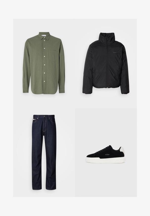 Čierna bundy s kapucňou, s vysokým golierom, so zipsom vpredu a bočnými vreckami. Hladká, lesklá textúra s minimálnym logom na hrudi.; Košeľa s dlhým rukávom v olivovej farbe, textúrovaná tkanina, zapínanie na gombíky vpredu, jedna náprsní vrecko a klasický golier.; Tmavomodré jeans z denimu so strihom s rovnými nohavicami, obsahujúce zapínanie na gombíky, päť vreciek a kontrastné stehy.; Čierne nízke tenisky s bielou podrážkou a pätkou, šnurovací predok a logo Calvin Klein na boku.