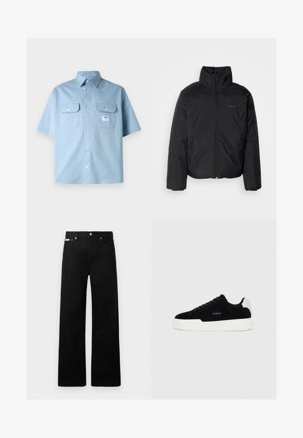 Chaqueta acolchada negra con cuello alto, cierre frontal y bolsillos laterales. Textura lisa y brillante con un logo minimalista en el pecho.; Camisa de manga corta azul claro hecha de algodón, con un cuello puntiagudo, dos bolsillos en el pecho y un pequeño parche de logo cerca del bolsillo izquierdo.; Pantalones de mezclilla negros con un diseño de pierna ancha, que cuentan con cinco bolsillos y herrajes de botón metálico. Textura suave, sin patrones visibles.; Zapatilla negra de corte bajo con suela blanca y tab de talón, parte delantera con cordones y logo de Calvin Klein en el lateral.
