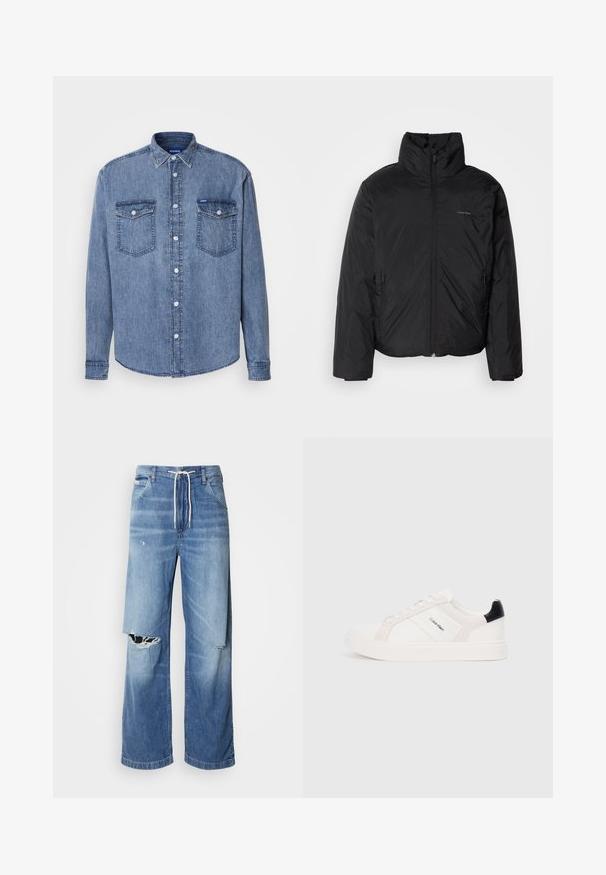 Schwarze Daunenjacke mit hohem Kragen, Reißverschluss auf der Vorderseite und Seitentaschen. Glatte, glänzende Textur mit einem minimalen Logo auf der Brust.; Denimhemd in Hellblau mit Knopfleiste, zwei Brusttaschen und klassischem Kragen. Mit Steppdetails und einem Logotag.; Helle blaue Denim-Jeans mit einer lockeren Passform, ausgestattet mit einem weißen Kordelzugbund und markanten Rissen auf der Vorderseite, die ausgefranste Kanten zeigen.; Weiße Sneakers mit hellrosa und schwarzen Akzenten, featuring glattem Leder und Wildlederpaneelen, runder Zehenform und flacher Gummisohle.