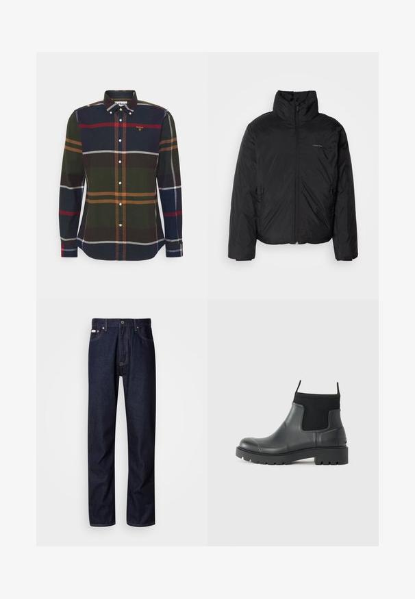 Zwarte pufferjack met een hoge kraag, rits aan de voorkant en zijzakken. Gladde, glanzende textuur met een minimalistisch logo op de borst.; Langarm geruit overhemd in donker groen, marineblauw, rood en oranje tinten. Heeft een button-down kraag, een logo op de borst en witte knopen. Van katoen.; Donkerblauwe denim jeans met een rechte snit, voorzien van een knoopsluiting, vijf zakken en contrasterende stiksels.; Zwarte enkelboots van rubber met een matte afwerking, voorzien van een slank ontwerp, elastische panelen en een chunky zool voor grip.