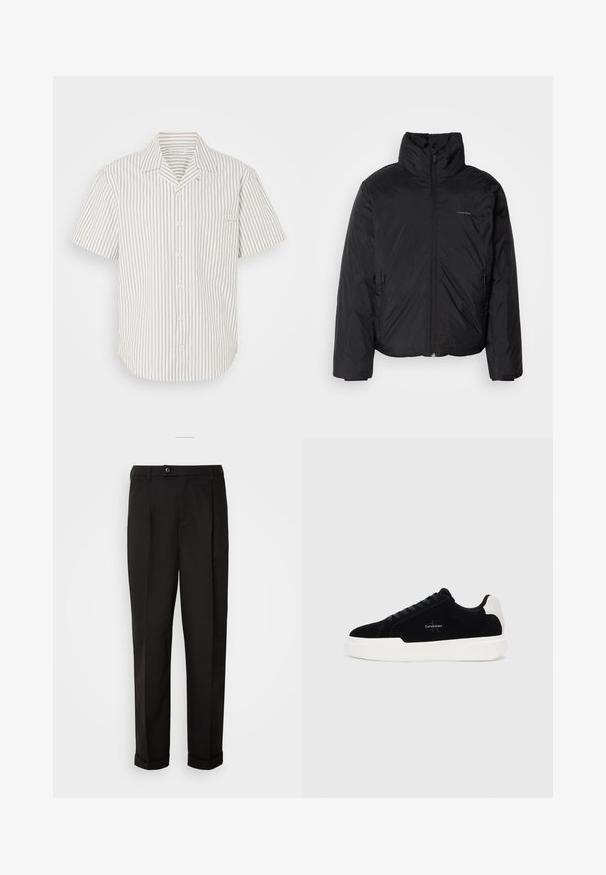 Jachetă pufă neagră cu guler înalt, fermoar frontale și buzunare laterale. Textură netedă și strălucitoare, cu un logo minim pe piept.; Cămașă cu mânecă scurtă, de tip button-up, în bej deschis cu dungi verticale închise, având un buzunar pe piept și guler cu pliuri.; Pantaloni negri cu o textură netedă, având un croi drept, două buzunare frontale și un singur sistem de închidere cu un nasture la talie.; Adidași negri cu talpă albă și tab cu toc alb, cu șireturi în față și logo-ul Calvin Klein pe lateral.