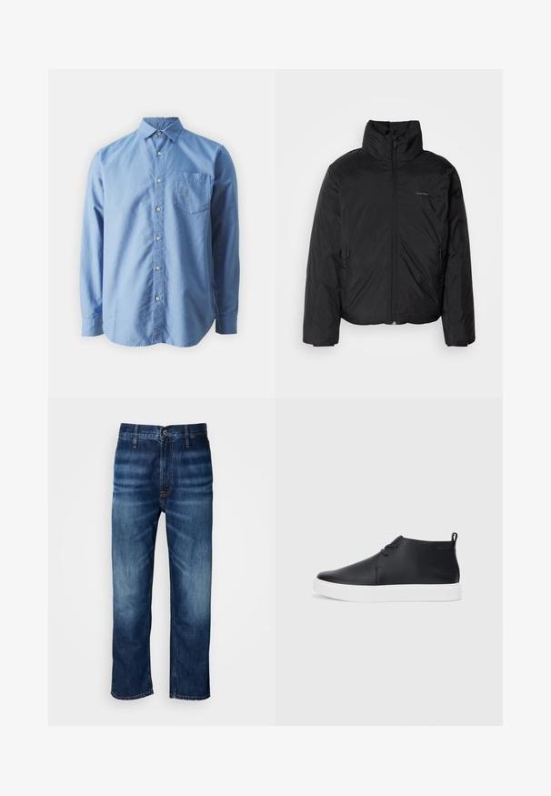 Giubbotto imbottito nero con colletto alto, chiusura a zip frontale e tasche laterali. Tessuto liscio e lucido con un logo minimale sul petto.; Camicia button-up a maniche lunghe, di colore azzurro chiaro, in cotone, con taschino sul petto e logo ricamato. Presenta un colletto classico e un orlo curvo.; Jeans in denim blu scuro a gamba dritta con leggera sbiaditura sulle cosce e chiusura a bottone in vita, esposti su uno sfondo bianco.; Sneakers alte in pelle nera con finitura liscia, suola in gomma bianca e un design semplice con lacci. Presentano un occhiello sul retro.