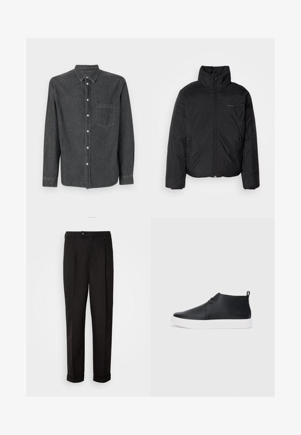 Črna puffer jakna z visokim ovratnikom, zadrgo spredaj in stranskimi žepi. Gladka, sijoča tekstura z minimalnim logotipom na prsih.; Sivina denim srajca s kratkimi in dolgimi rokavi, s koničastim ovratnikom, sprednjim žepom in belimi gumbi. Mehka tekstura z rahlo zbledelim zaključkom.; Črne hlače z gladko teksturo, z ravnim krojem, dvema sprednjima žepoma in zapiranjem na en gumb v pasu.; Črne usnjene visoke superge s gladko površino, bela gumijasta podloga in preprosta zasnova vezalk. Imajo držalo na hrbtni strani.