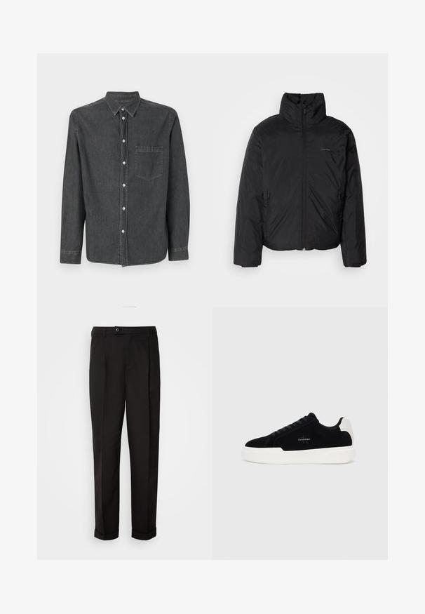 Sort dunjakke med høj krave, lynlåse foran og sidelommer. Glat, blank tekstur med et minimalistisk logo på brystet.; Grå denim skjorte med lange ærmer, spidse krave, frontlomme og hvide knapper. Blød tekstur med en let falmet overflade.; Sorte bukser med en glat tekstur, som har lige snit, to forlommer og en enkelt knaplukning i taljen.; Sort lave sneakers med hvid sål og hæltap, snørebånd fortil, og Calvin Klein-logo på siden.
