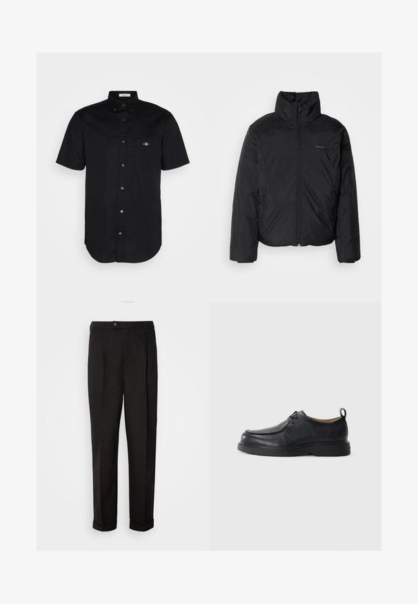 Čierna bundy s kapucňou, s vysokým golierom, so zipsom vpredu a bočnými vreckami. Hladká, lesklá textúra s minimálnym logom na hrudi.; Tričko s krátkym rukávom, čierna farba, bavlnený materiál, golier s gombíkmi, predná vrecko s vyšitým logom, rovný lem, hladká textúra.; Čierne nohavice s hladkým povrchom, rovného strihu, s dvoma prednými vreckami a jedným gombíkom na uzatvorenie v páse.; Čierna kožená topánka s hladkým povrchom, zaoblenou špičkou, jemným šitím, šnurovacím dizajnom a textúrovaným držadlom na zadnej strane.