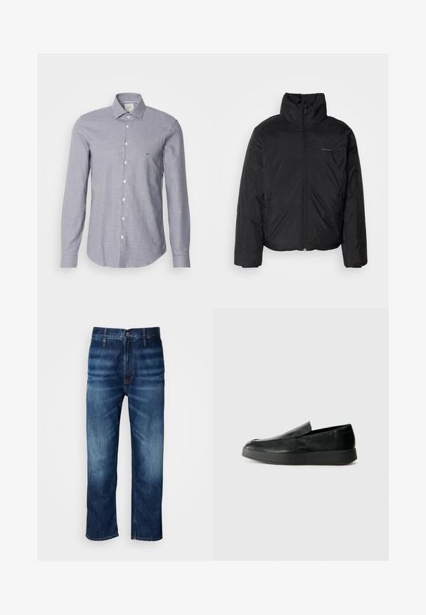 Juoda pūkinė striukė su aukštu apykakle, užtrauktuku priekyje ir šoninėmis kišenėmis. Lygus, blizgus paviršius su minimaliu logotipu ant krūtinės.; Mėlynos ir baltos langelių raštuotas marškiniai su užsegimu; ilgomis rankovėmis, smailiu apykaklės dizainu, išlenktu hemu, pagaminti iš lengvos medžiagos, turi krūtinės kišenę.; Tamsiai mėlynos tiesios kojų džinsai su subtiliu išblukimu ant šlaunų ir užsegimu prie juosmens, pateikti ant baltos fono.; Calvin Klein HYBRID CUP - Įmautiniai batai - triple black