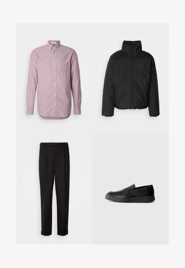 Giubbotto imbottito nero con colletto alto, chiusura a zip frontale e tasche laterali. Tessuto liscio e lucido con un logo minimale sul petto.; GANT REG POPLIN STRIPE - Camicia - wine red; Pantaloni neri con una texture liscia, con taglio dritto, due tasche anteriori e chiusura con un singolo bottone in vita.; Calvin Klein HYBRID CUP - Scarpe senza lacci - triple black