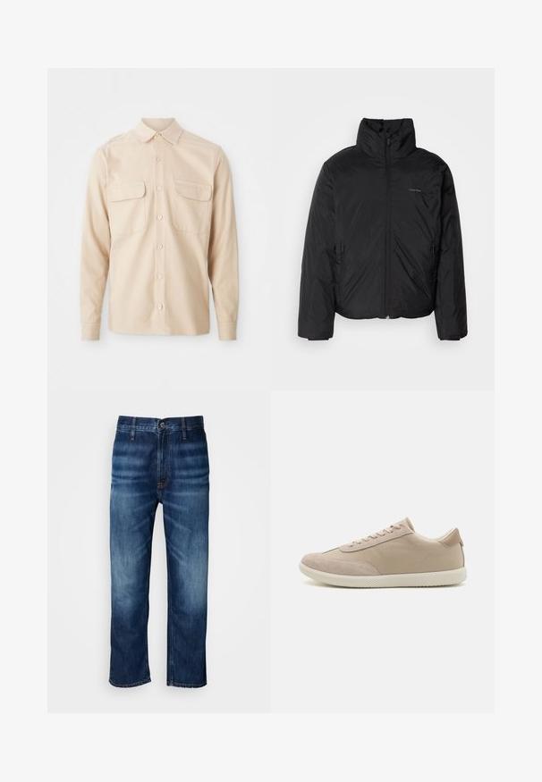 Zwarte pufferjack met een hoge kraag, rits aan de voorkant en zijzakken. Gladde, glanzende textuur met een minimalistisch logo op de borst.; Beige langeshirt van geweven stof, met twee borstzakken, een puntkraag en knoopsluiting aan de voorkant. Gladde textuur.; Donkerblauwe rechte spijkerbroek met subtiele vervaging op de dijen en een knoopsluiting bij de tailleband, gepresenteerd op een witte achtergrond.; Beige sneaker met een mix van suede en canvas materialen, voorzien van veters, een ronde neus, een gestructureerde zool en een subtiele merklogo aan de zijkant.